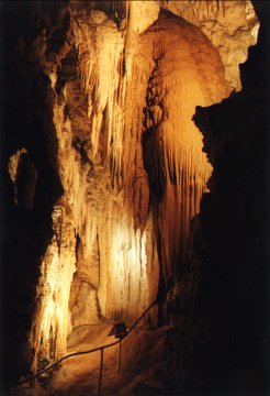 Illuminated formations in Aranui Cave.